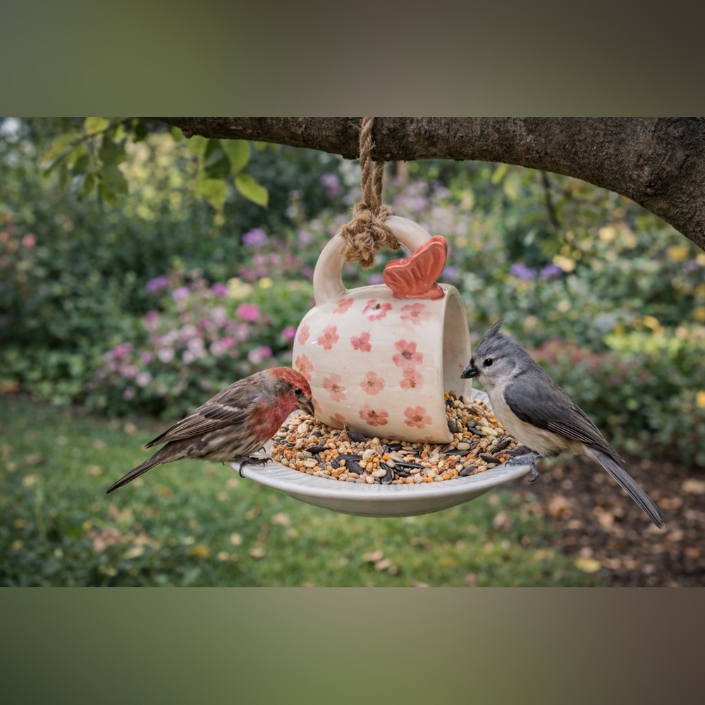 Blossoms & Butterfly Bird-feeder - Ceramic Mug and Saucer